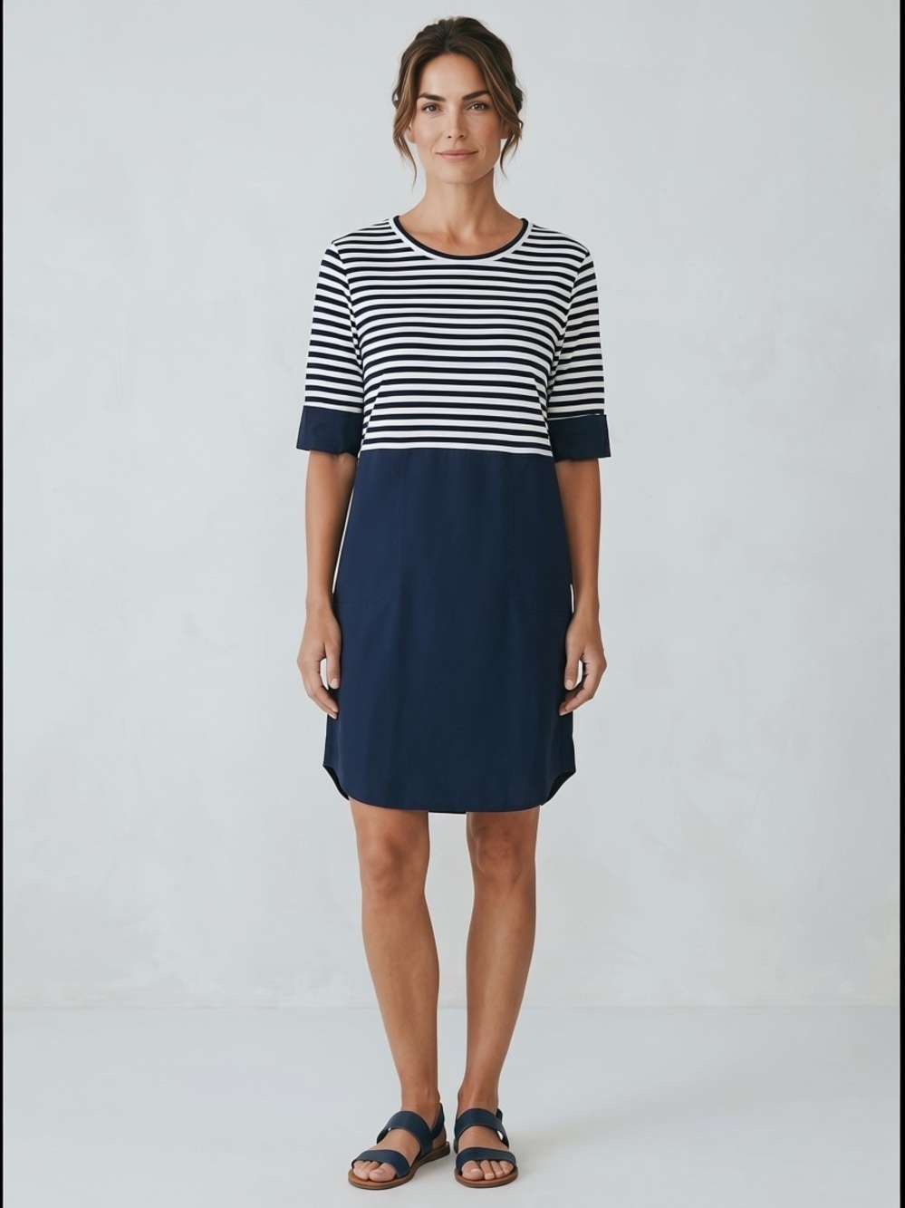 COS Navy White Stripe Mixed Media Shift Dress Minimalist Coastal Preppy NWOT